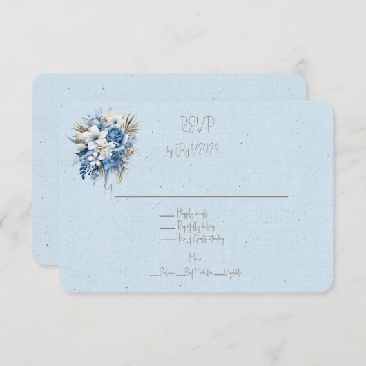 Blue White Brown Floral Wedding Bouquet RSVP Karte (Vorne/Hinten)