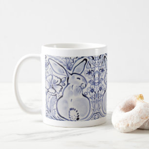 Blue & White Bunny Rabbit Art Floral Frühjahr Ost Kaffeetasse