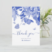 Blue & White Butterfly Blume Brautparty Dankeskarte (Stehend Vorderseite)