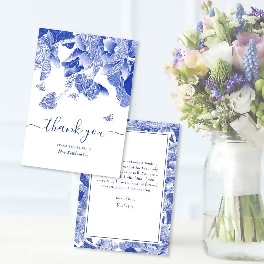 Blue & White Butterfly Blume Brautparty Dankeskarte