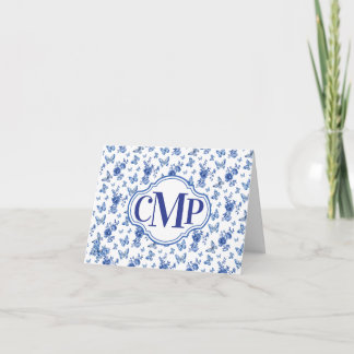 Blue White Butterfly Rose Classic Monogram Note Feiertagskarte