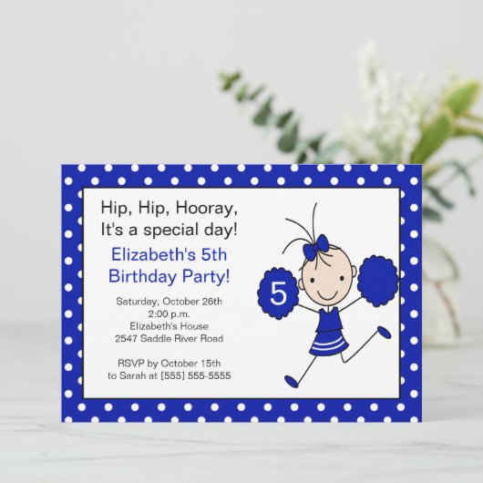 Blue & White Cheerleader Cheerleader Erreger zum G Einladung (Stehend Vorderseite)