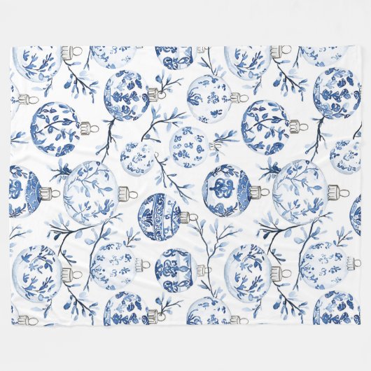 Blue White Chic Blues Weihnachtsschmuck Fleecedecke (Vorderseite (Horizontal))
