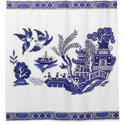 Blue & White China Blue Willow Design Duschvorhang (Vorderseite)