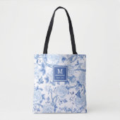 Blue White Chinoiserie Bird Peony Garden Monogram Tasche (Vorderseite)