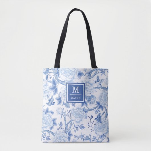 Blue White Chinoiserie Bird Peony Garden Monogram Tasche (Vorderseite)