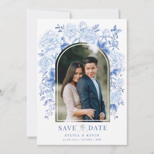 Blue White Chinoiserie Bird Peony Save the Date Einladung (Vorderseite)