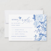 Blue White Chinoiserie Bird Peony Wedding RSVP Karte (Vorderseite)