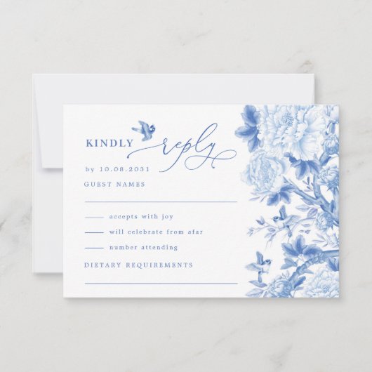 Blue White Chinoiserie Bird Peony Wedding RSVP Karte (Vorderseite)