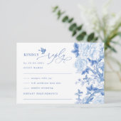 Blue White Chinoiserie Bird Peony Wedding RSVP Karte (Stehend Vorderseite)