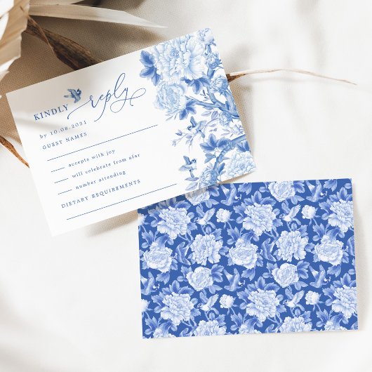 Blue White Chinoiserie Bird Peony Wedding RSVP Karte