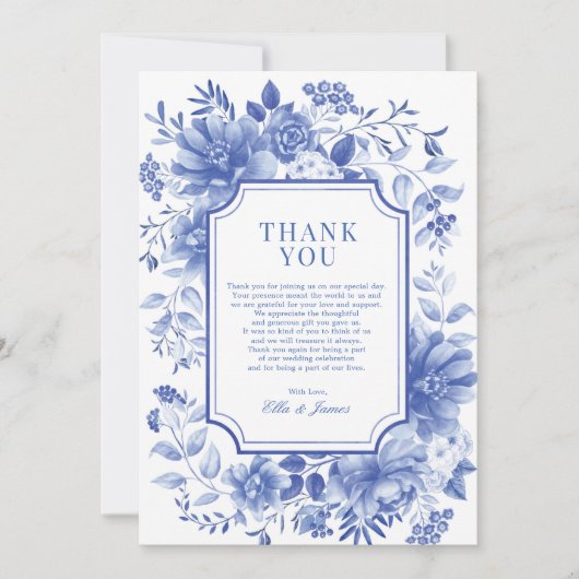 Blue White Chinoiserie Blumenstrauß Porzellan Dankeskarte (Vorderseite)