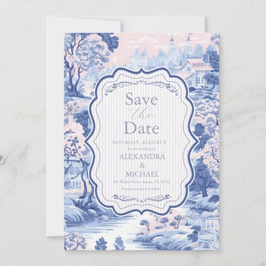 Blue White Chinoiserie Blumenstrauß Porzellan Save The Date (Vorderseite)