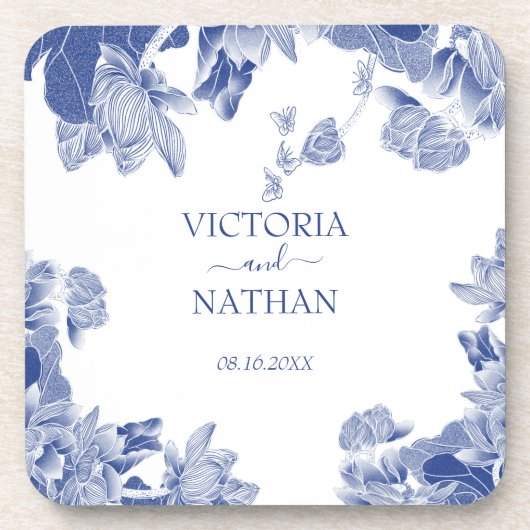 Blue White Chinoiserie Chic Blumenzange Getränkeuntersetzer (Vorderseite)