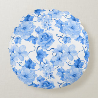 Blue & White Chinoiserie Floral Botanical Print Rundes Kissen