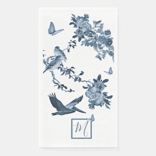 Blue White Chinoiserie Floral Elegantes Monogramm Serviette (Vorderseite)