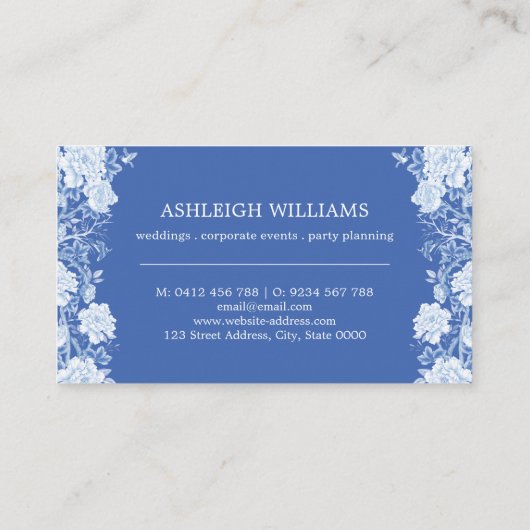 Blue White Chinoiserie Floral Event Stylist Visitenkarte (Rückseite)