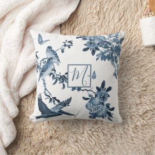 Blue White Chinoiserie Floral Stilvolle Monogram Kissen