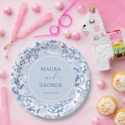 Blue White Chinoiserie Floral Wedding Monogram Pappteller (Party)