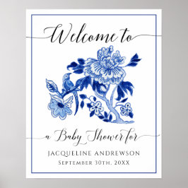 Blue White Chinoiserie Floral Welcome Baby Dusche Poster