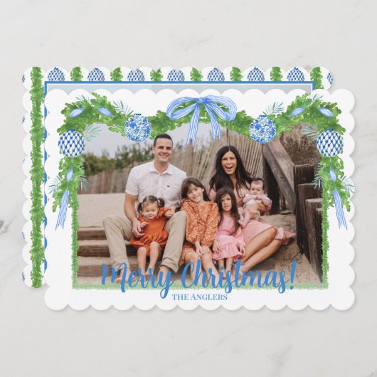 Blue & White Chinoiserie Grüne, Grandmillenial Feiertagskarte (Vorne/Hinten)