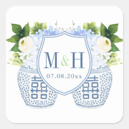 Blue & White Chinoiserie Initials und Date Wedding Quadratischer Aufkleber