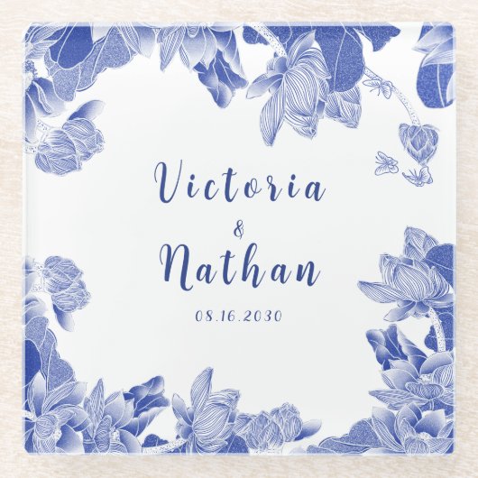 Blue & White Chinoiserie Lotus Glasuntersetzer (Vorderseite)