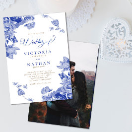 Blue White Chinoiserie mit Foto Floral Wedding Einladung