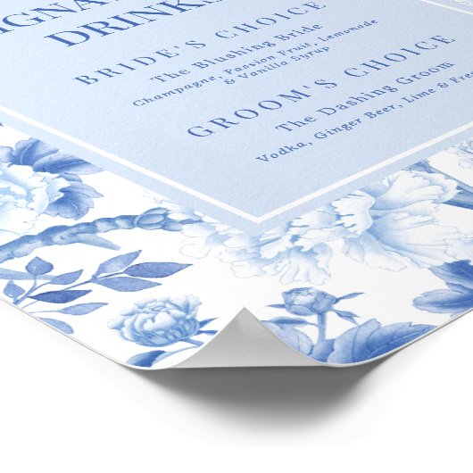 Blue White Chinoiserie Wedding Signature Drinks Poster (Ecke)