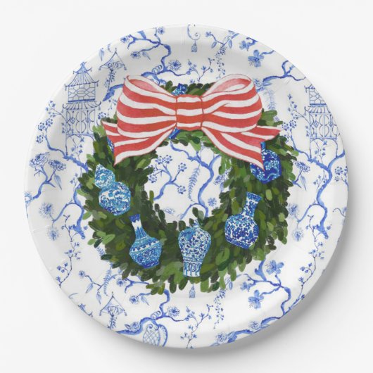 Blue & White Chinoiserie Weihnachtsfeiertag Pappteller (Vorderseite)