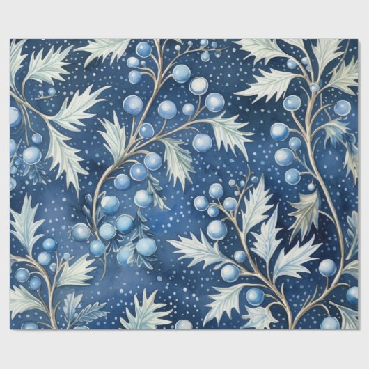 Blue & White Christmas Pointsettia Blätter Geschenkpapier (Flach)