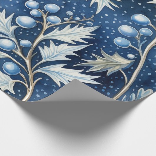 Blue & White Christmas Pointsettia Blätter Geschenkpapier (Ecke)