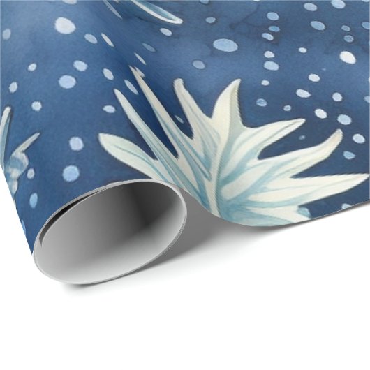 Blue & White Christmas Pointsettia Blätter Geschenkpapier (Rolleneckpunkt)
