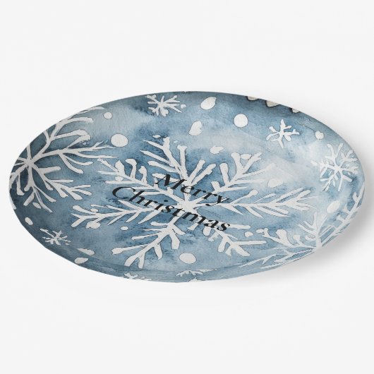 Blue White Christmas Snowflakes Ornamente Pappteller (Schrägansicht)