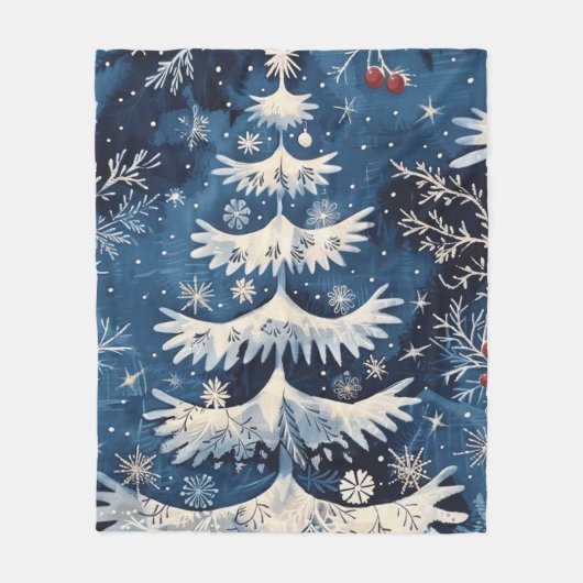 Blue White Christmas Tree Holiday Fleece Blanket (Vorderseite)