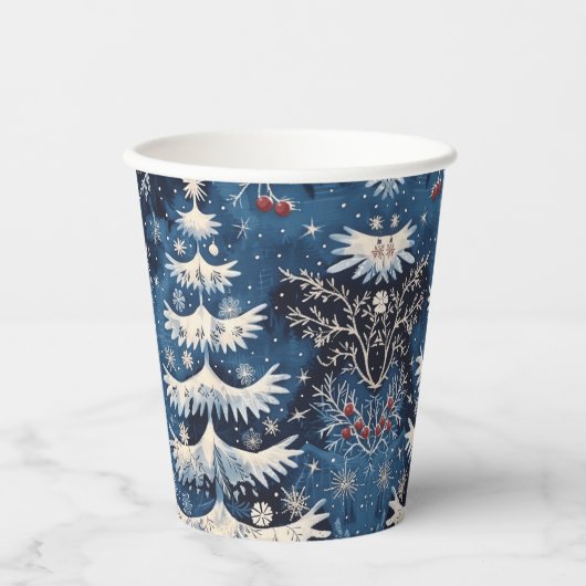Blue White Christmas Tree Holiday Paper Cups Pappbecher (Vorderseite)