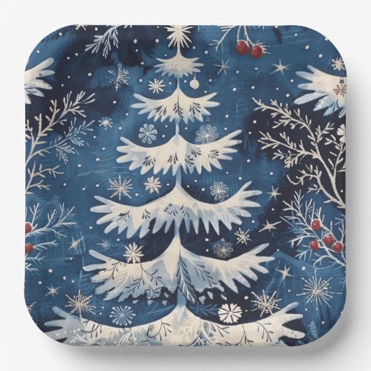 Blue White Christmas Tree Holiday Paper Plate Pappteller (Vorderseite)