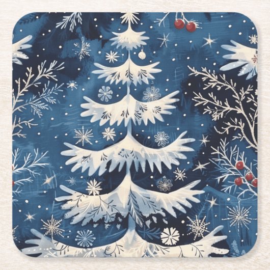 Blue White Christmas Tree Holiday Paper Untersetze Rechteckiger Pappuntersetzer (Vorderseite)