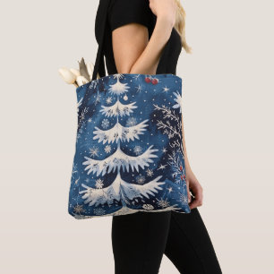 Blue White Christmas Tree Holiday Tote Bag Tasche