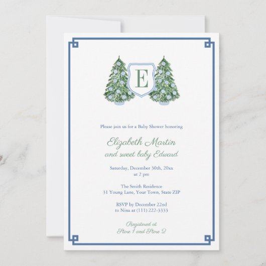 Blue White Christmas Tree Monogram Baby Shower Einladung (Vorderseite)