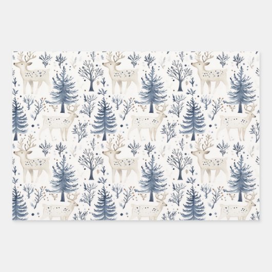 Blue White Christmas Trees Deer Geschenkpapier Set (Vorderseite)