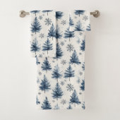Blue White Christmas Trees Snowflakes Badhandtuch Set (Insitu)