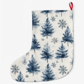 Blue White Christmas Trees Snowflakes Großer Weihnachtsstrumpf (Rückseite)