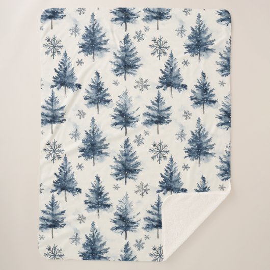 Blue White Christmas Trees Snowflakes Sherpadecke (Vorderseite)
