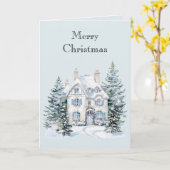 Blue White Christmas Winter House Trees Karte (Gelbe Blume)