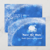 Blue & White Cinderella Carriage Wedding Retten Da Ankündigungspostkarte (Vorne/Hinten)