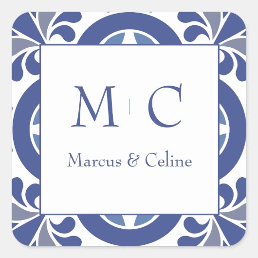 Blue & White Coastal Mediterrane Hochzeit Quadratischer Aufkleber (Vorderseite)