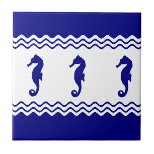 Blue White Coastal Seahorses Stripes Fliese