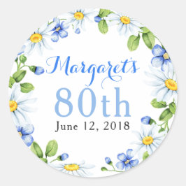 Blue White Country Daisy Floral 80. Geburtstag Runder Aufkleber