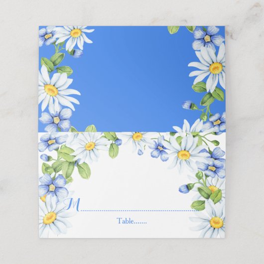 Blue White Country Daisy Floral Wedding Platzkarte (Außenseite Aufgefaltet)